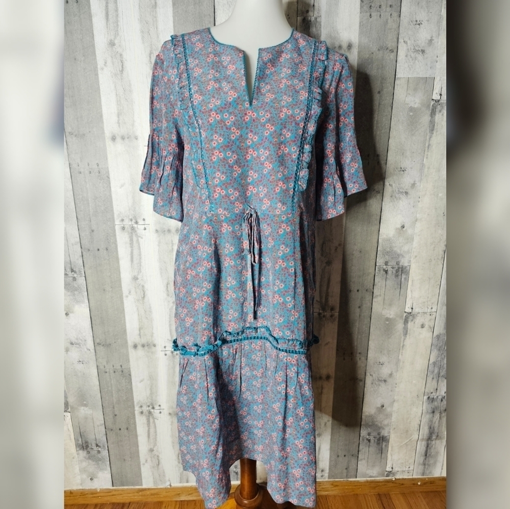 Rungolee Large Silk Floral Tiered Hem Cottage Core Midi Dress